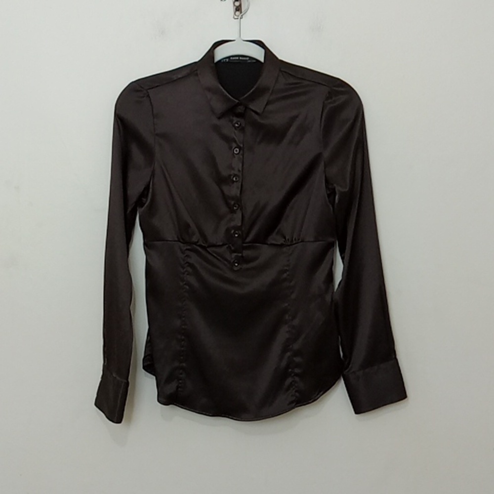 Zara Size Medium Brown Fitted Satin Blouse
